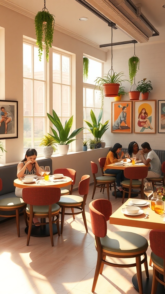 A vibrant brunch restaurant in The Sims 4 with stylish decor and Sims enjoying brunch.